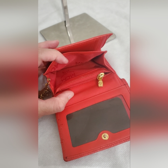 MCM Red Leather Studded Logo Motifs Trifold Wallet w/ Charms - Picture 11 of 16